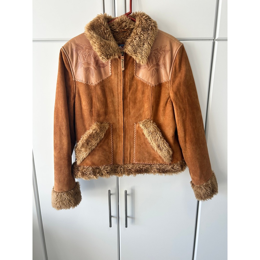 Cripple Creek Womens XL Cognac Suede Faux Fur Trim Floral Embossed Western Coat